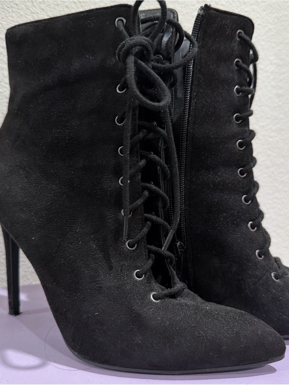 Women's Black Suede Lace-Up Stiletto Ankle Boots